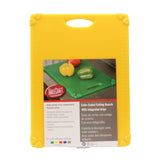 A yellow TableCraft Grippy Cutting Board with a handle and corner grips. Packaging shows a green board with veggies. Features color-coded, dishwasher safe boards, anti-slip grips, and prevention of cross-contamination.