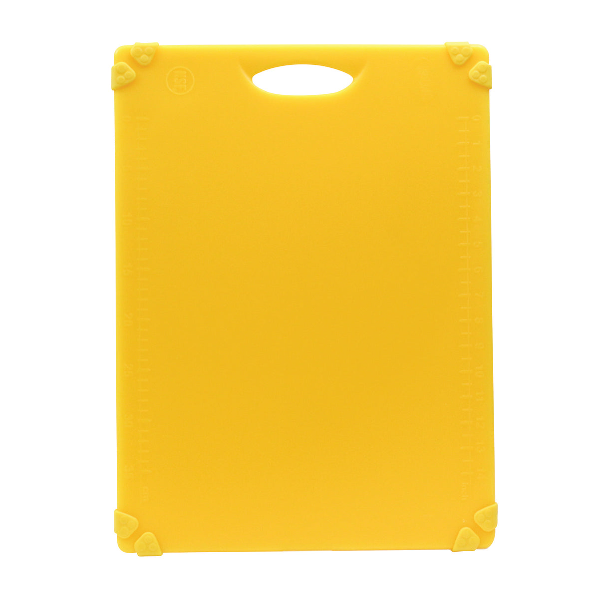A bright yellow rectangular grippy cutting board with a built-in handle hole at the top. Each corner features a small, heart-shaped grip for stability. Measurement markings are faintly visible along the left and right edges. Dishwasher safe cutting board.