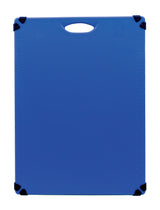 A blue rectangular Grippy Cutting Board with a handle hole at the top and black corner grips. Faint measurement markings run along the left and right edges. The NSF-certified board is photographed against a white background.