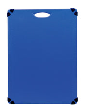 A blue rectangular Grippy Cutting Board with a handle hole at the top and black corner grips. Faint measurement markings run along the left and right edges. The NSF-certified board is photographed against a white background.