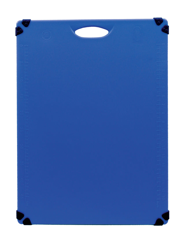 A blue rectangular Grippy Cutting Board with a handle hole at the top and black corner grips. Faint measurement markings run along the left and right edges. The NSF-certified board is photographed against a white background.