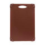 A rectangular brown Grippy Cutting Board with slightly rounded corners and a handle cutout at the top. Each corner features a small, darker rubber grip for stability. The smooth, unmarked surface sits against a white background.