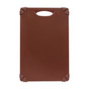A rectangular brown Grippy Cutting Board with slightly rounded corners and a handle cutout at the top. Each corner features a small, darker rubber grip for stability. The smooth, unmarked surface sits against a white background.