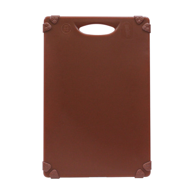 A rectangular brown Grippy Cutting Board with slightly rounded corners and a handle cutout at the top. Each corner features a small, darker rubber grip for stability. The smooth, unmarked surface sits against a white background.