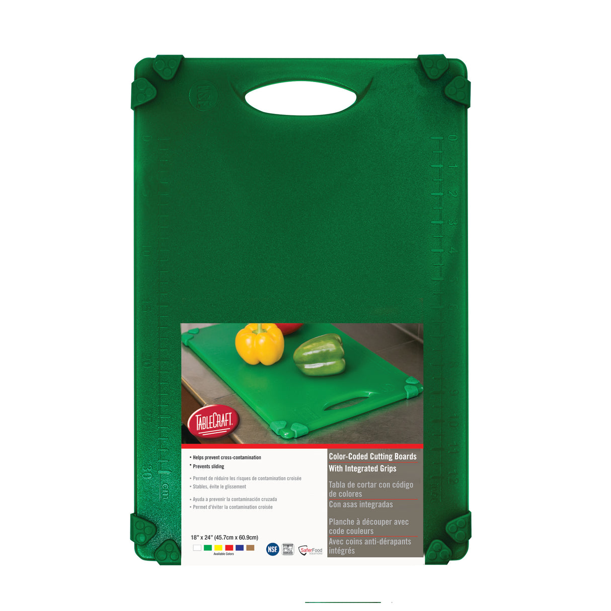 A green, grippy cutting board with a picture of peppers—dishwasher safe for easy cleaning.