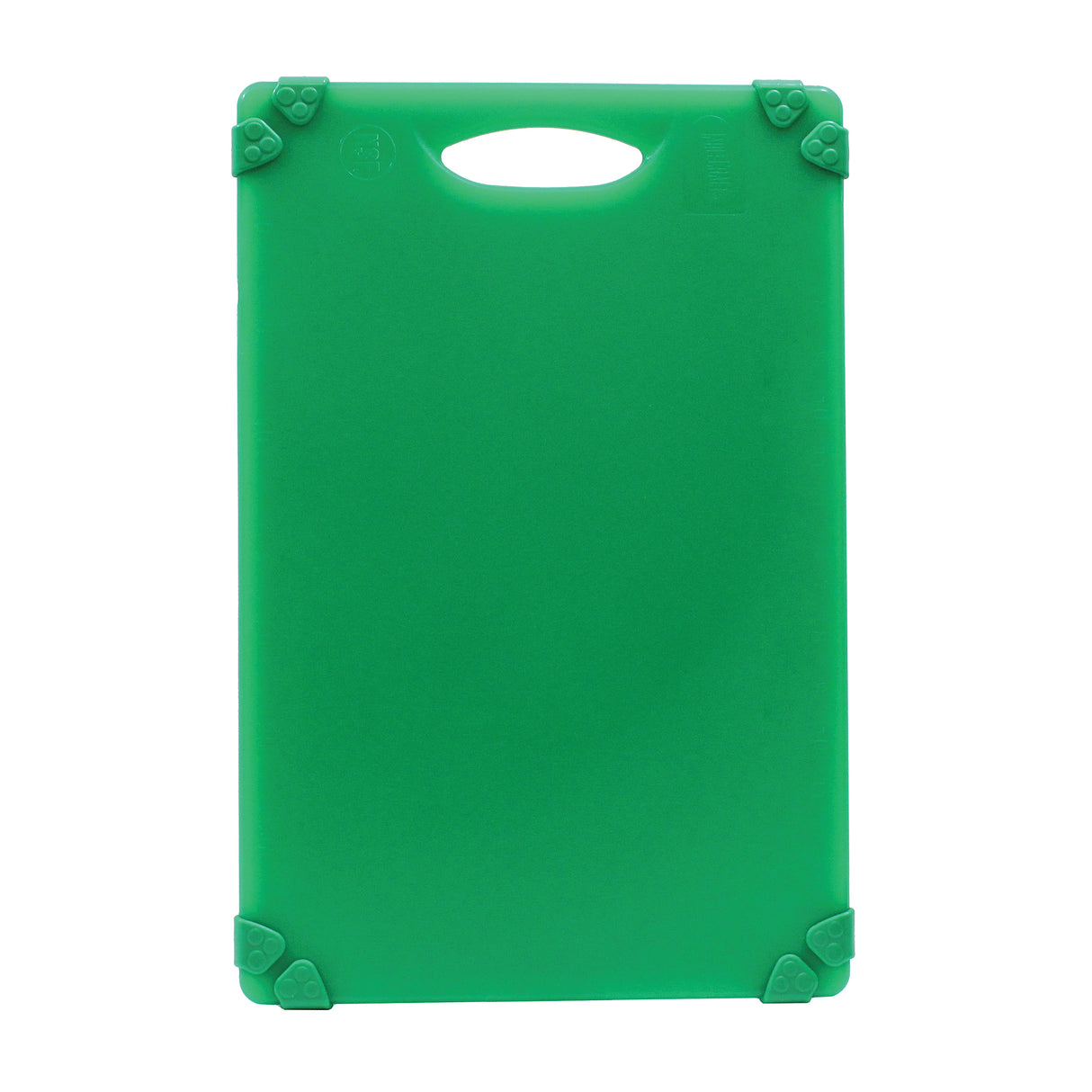 A rectangular green Grippy Cutting Board is shown vertically, featuring rounded corners, gray non-slip grips, and a built-in handle at the top. Its smooth, unmarked surface makes it an ideal dishwasher safe cutting board against a plain white background.