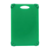 A rectangular green Grippy Cutting Board is shown vertically, featuring rounded corners, gray non-slip grips, and a built-in handle at the top. Its smooth, unmarked surface makes it an ideal dishwasher safe cutting board against a plain white background.