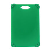 A rectangular green Grippy Cutting Board is shown vertically, featuring rounded corners, gray non-slip grips, and a built-in handle at the top. Its smooth, unmarked surface makes it an ideal dishwasher safe cutting board against a plain white background.