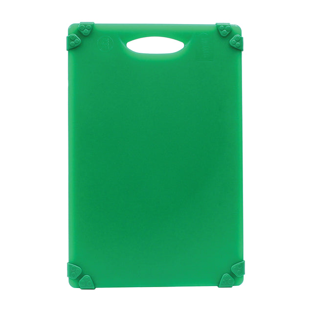 A rectangular green Grippy Cutting Board is shown vertically, featuring rounded corners, gray non-slip grips, and a built-in handle at the top. Its smooth, unmarked surface makes it an ideal dishwasher safe cutting board against a plain white background.