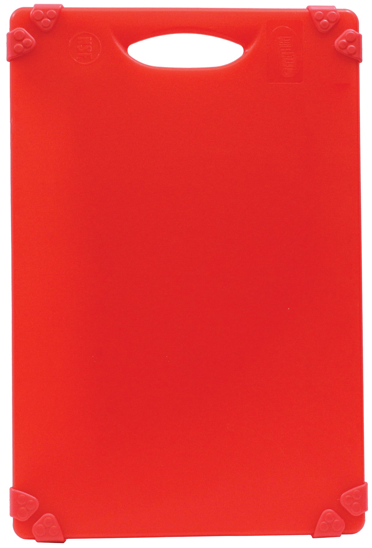A rectangular, bright red dishwasher safe cutting board with rounded corners, a built-in handle cutout at the top, and non-slip rubber grips at each corner. The surface is smooth and plain, with no visible textures or patterns.