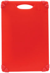 A rectangular, bright red dishwasher safe cutting board with rounded corners, a built-in handle cutout at the top, and non-slip rubber grips at each corner. The surface is smooth and plain, with no visible textures or patterns.