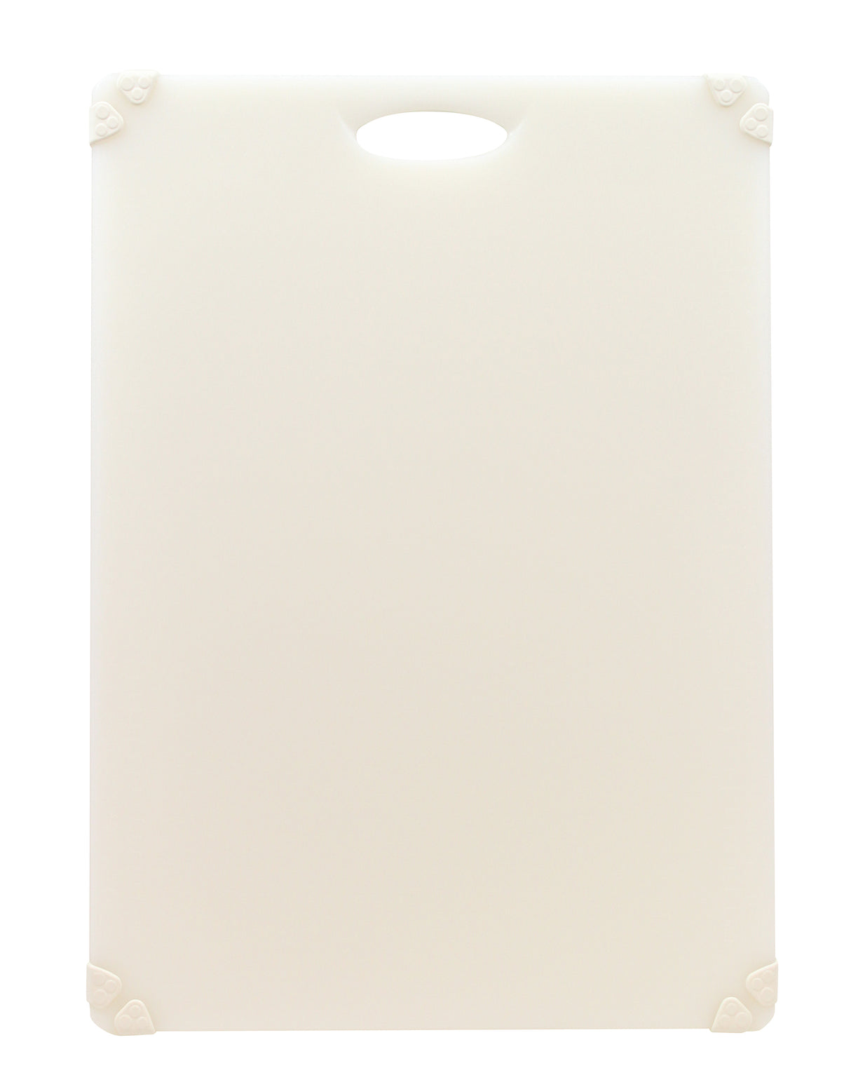 A plain, rectangular white anti-slip cutting board with rounded corners and a small oval handle cutout at the top center. Each corner features a slightly raised, textured grip for stability. The board has a smooth, clean surface.