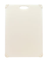 A plain, rectangular white anti-slip cutting board with rounded corners and a small oval handle cutout at the top center. Each corner features a slightly raised, textured grip for stability. The board has a smooth, clean surface.