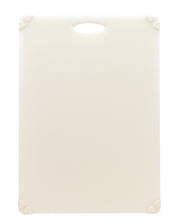 A plain, rectangular white anti-slip cutting board with rounded corners and a small oval handle cutout at the top center. Each corner features a slightly raised, textured grip for stability. The board has a smooth, clean surface.