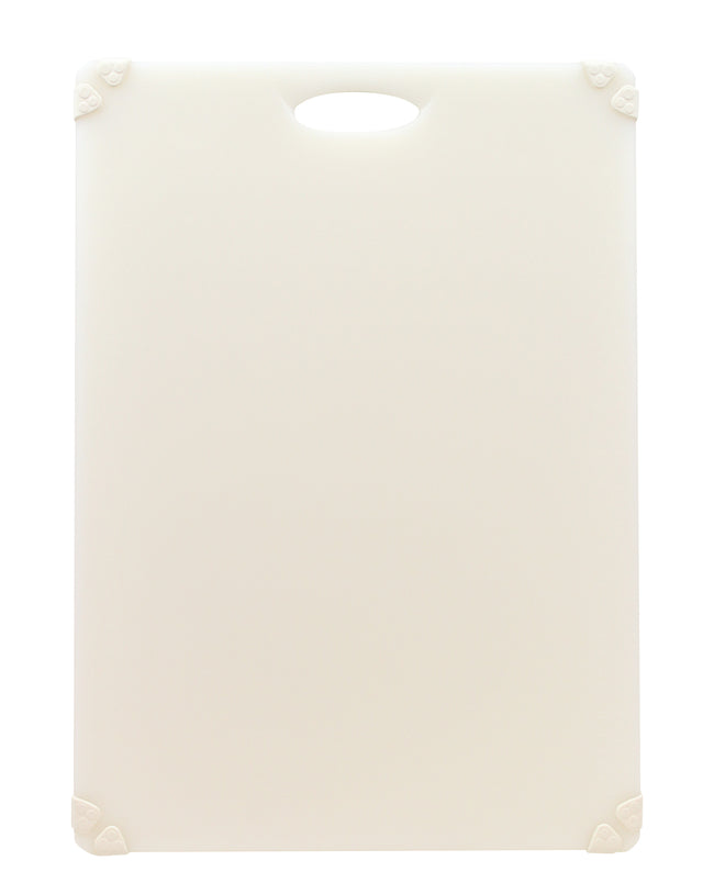 A plain, rectangular white anti-slip cutting board with rounded corners and a small oval handle cutout at the top center. Each corner features a slightly raised, textured grip for stability. The board has a smooth, clean surface.