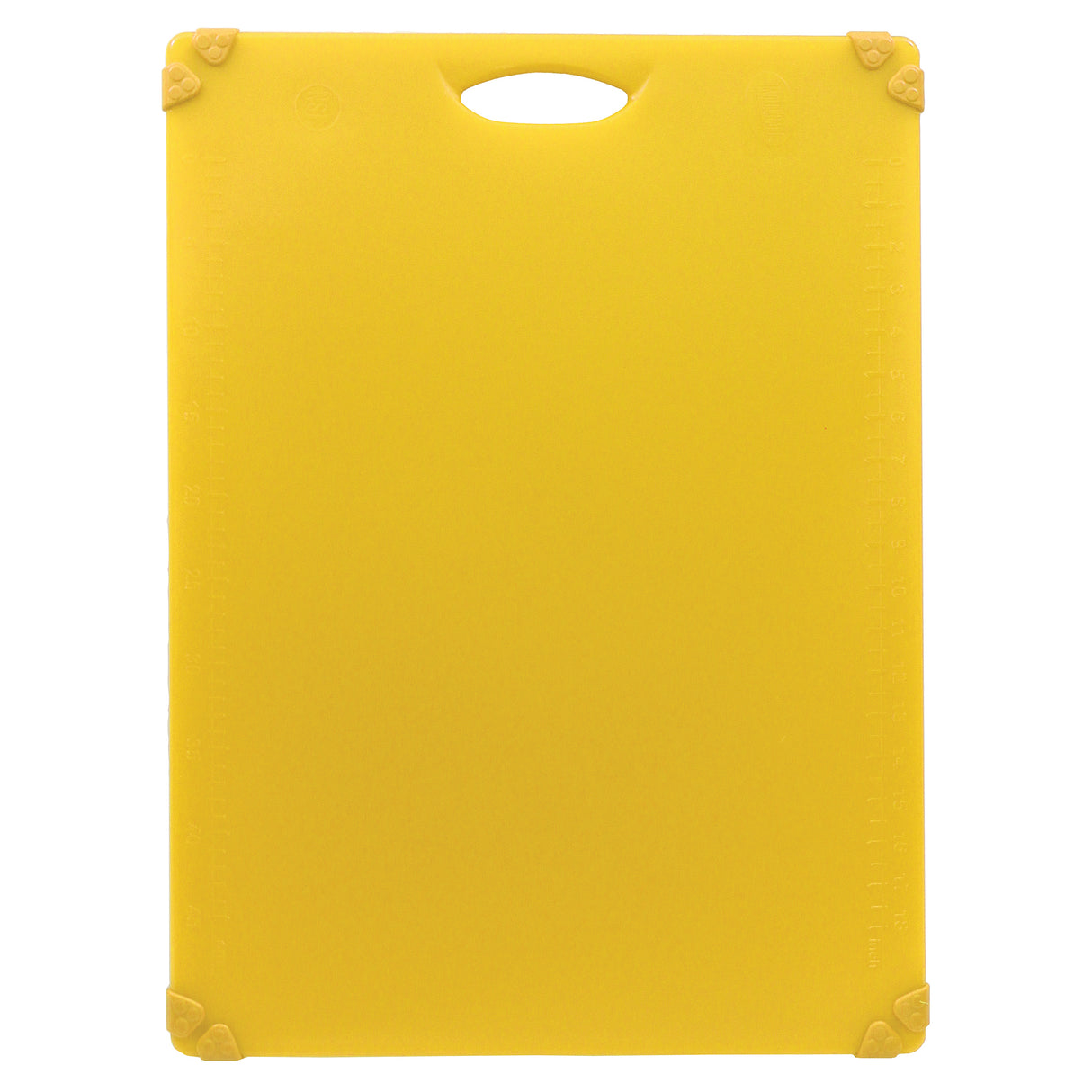 A rectangular yellow anti-slip cutting board with rounded corners and a handle cutout at the top. The board features rubber grips on each corner and faint measurement markings along the edges. The background is plain white.