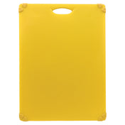 A rectangular yellow anti-slip cutting board with rounded corners and a handle cutout at the top. The board features rubber grips on each corner and faint measurement markings along the edges. The background is plain white.