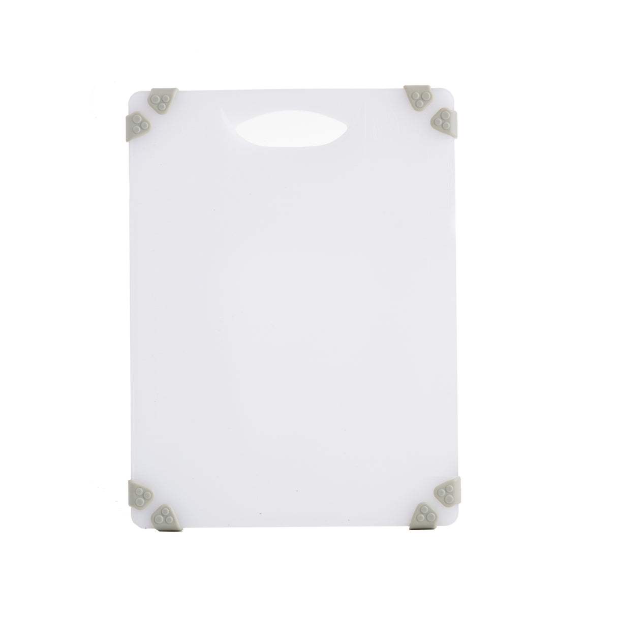 A white rectangular NSF cutting board with rounded corners features a carrying handle at the top and four grey rubber grips on each corner, adding an anti-slip cutting board design, set against a plain white background.