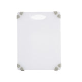A white rectangular NSF cutting board with rounded corners features a carrying handle at the top and four grey rubber grips on each corner, adding an anti-slip cutting board design, set against a plain white background.