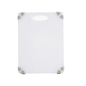 A white rectangular NSF cutting board with rounded corners features a carrying handle at the top and four grey rubber grips on each corner, adding an anti-slip cutting board design, set against a plain white background.
