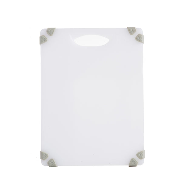 A white rectangular NSF cutting board with rounded corners features a carrying handle at the top and four grey rubber grips on each corner, adding an anti-slip cutting board design, set against a plain white background.