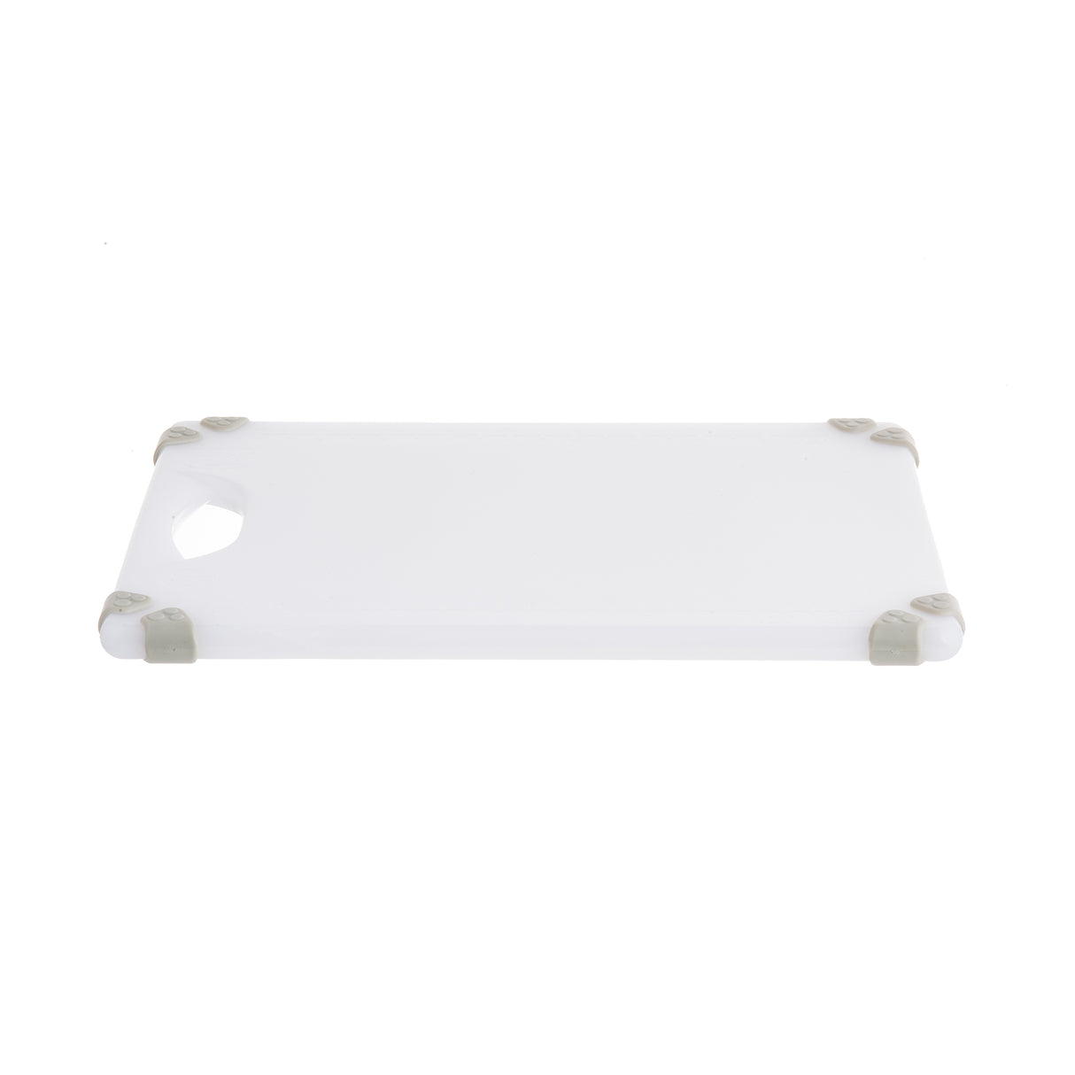 A rectangular white Grippy Cutting Board with gray non-slip grips on each corner and a triangular cutout handle on one side, shown on a plain white background.