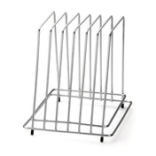 A minimalist and functional stainless steel rack with six upright, evenly spaced dividers for organizing plates, cutting boards, or baking sheets vertically. The rectangular frame has four small black feet for stability and is dishwasher safe.