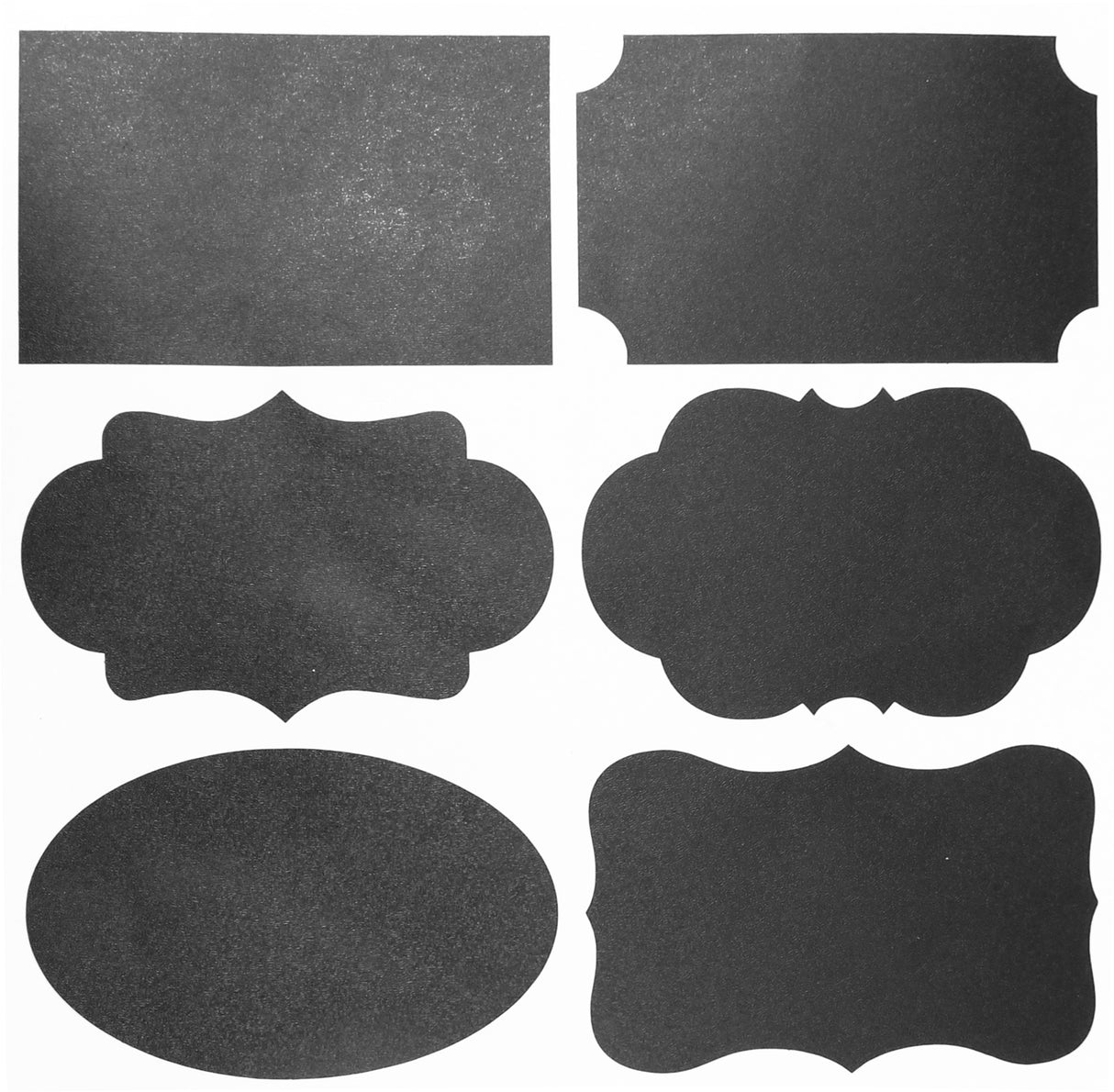 Six blank TableCraft Products chalkboard labels of assorted shapes are arranged in two rows on a white background. The set includes rectangles, ornate frames, and an oval, each featuring a unique decorative border.