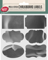 A package of TableCraft Products Peel & Stick chalkboard labels, featuring six assorted labels in rectangle, scalloped, and oval designs—perfect for bottles, spices & storage.