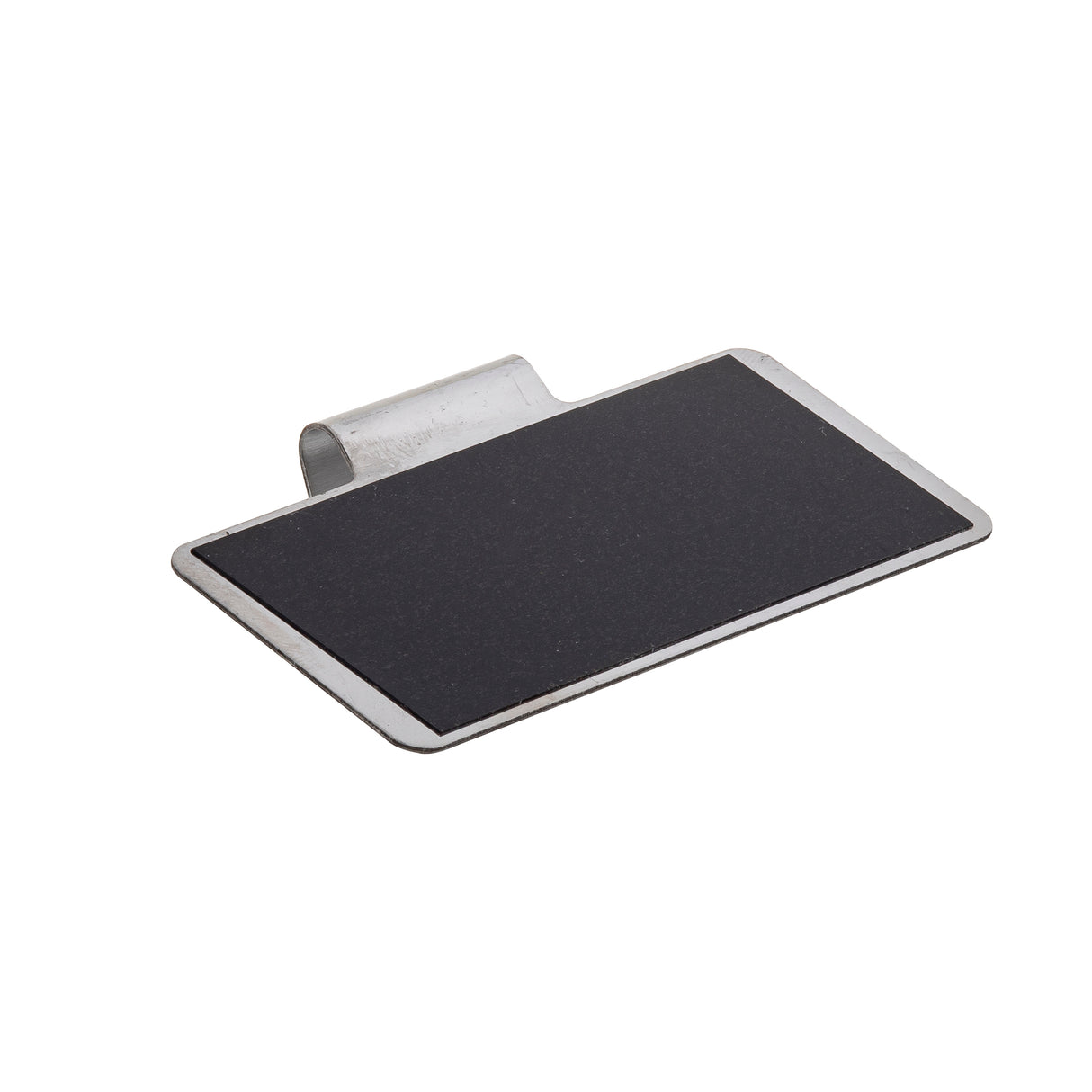 A rectangular black Chalkboard Tag with a silver metal frame and a curved metal clip attached to the back, photographed on a white background. The tag surface is blank and suitable for customization. Perfect for TableCraft presentations.