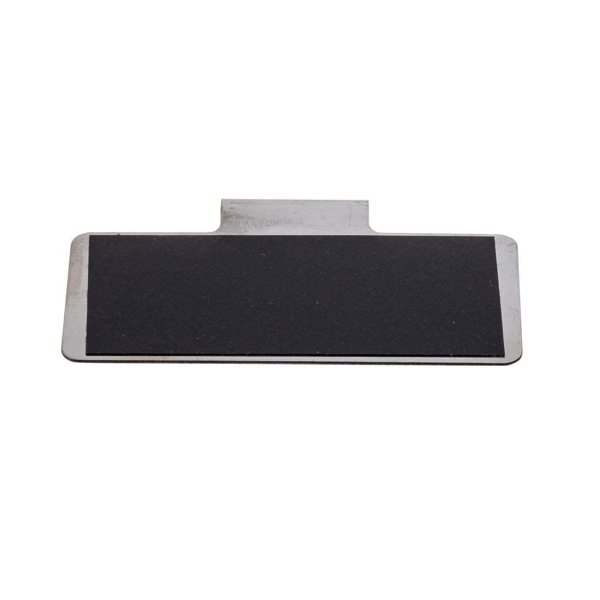 A rectangular metallic object with a black surface and a small tab protruding from the top center, this TableCraft Chalkboard Tag is made of stainless steel. Photographed on a white background, it appears flat—ideal as a label holder or device component.