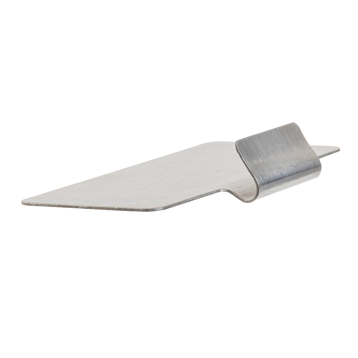 A flat, stainless steel tool from TableCraft Products features a pointed blade and an upward-curved handle. The folded handle ensures grip, while the angled blade gives it a sleek, minimalist look—ideal for precision tasks.