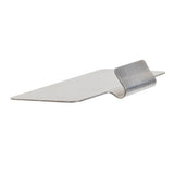 A flat, stainless steel tool from TableCraft Products features a pointed blade and an upward-curved handle. The folded handle ensures grip, while the angled blade gives it a sleek, minimalist look—ideal for precision tasks.