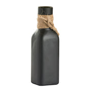 A matte black, square-shaped glass vase with a narrow neck, featuring rustic twine wrapping tied around the top. The plain white background highlights the bottle’s minimalist TableCraft design and textured twine detail.