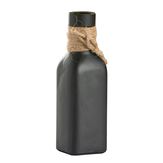 A matte black, square-shaped glass vase with a narrow neck, featuring rustic twine wrapping tied around the top. The plain white background highlights the bottle’s minimalist TableCraft design and textured twine detail.