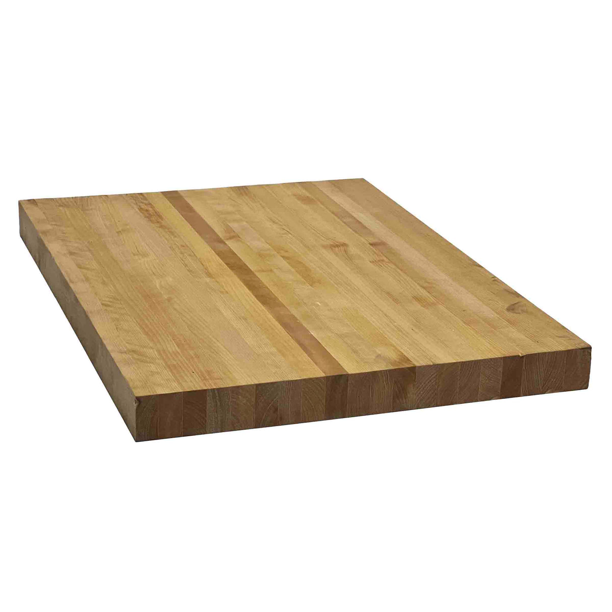 A rectangular edge-grain butcher cutting board crafted from smooth, light-colored wood. Its flat, polished surface features multiple joined strips, creating a sturdy, durable look. The block is angled against a plain white background.
