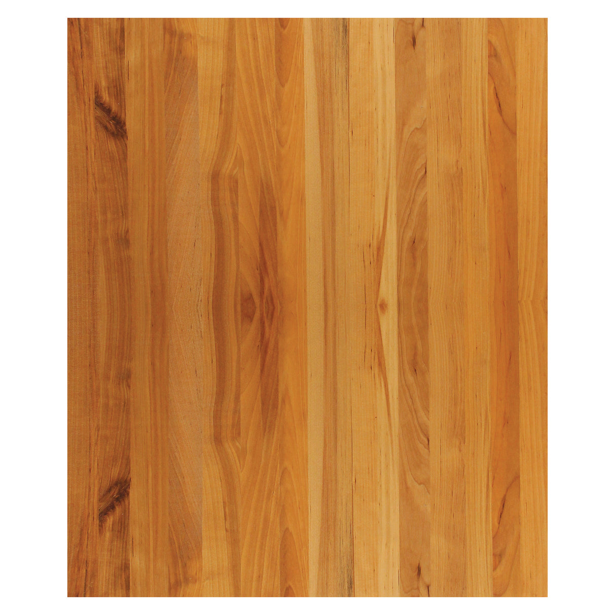A wooden surface with vertical, edge-grain planks in varying shades of warm brown. The wood grain, natural patterns, and knots evoke the texture and realistic look of a classic butcher cutting board.