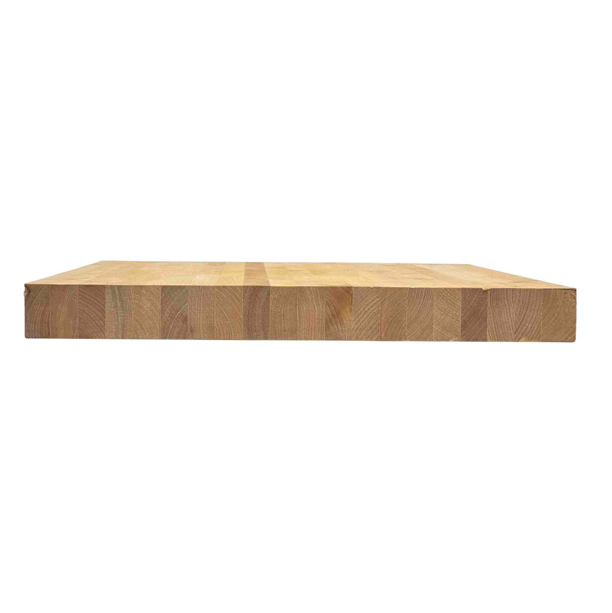 A thick rectangular wooden butcher cutting board with a smooth, flat top surface and visible wood grain patterns. Edge-grain details on the front and sides create a checkerboard look, emphasizing its sturdy, solid construction. The background is white.