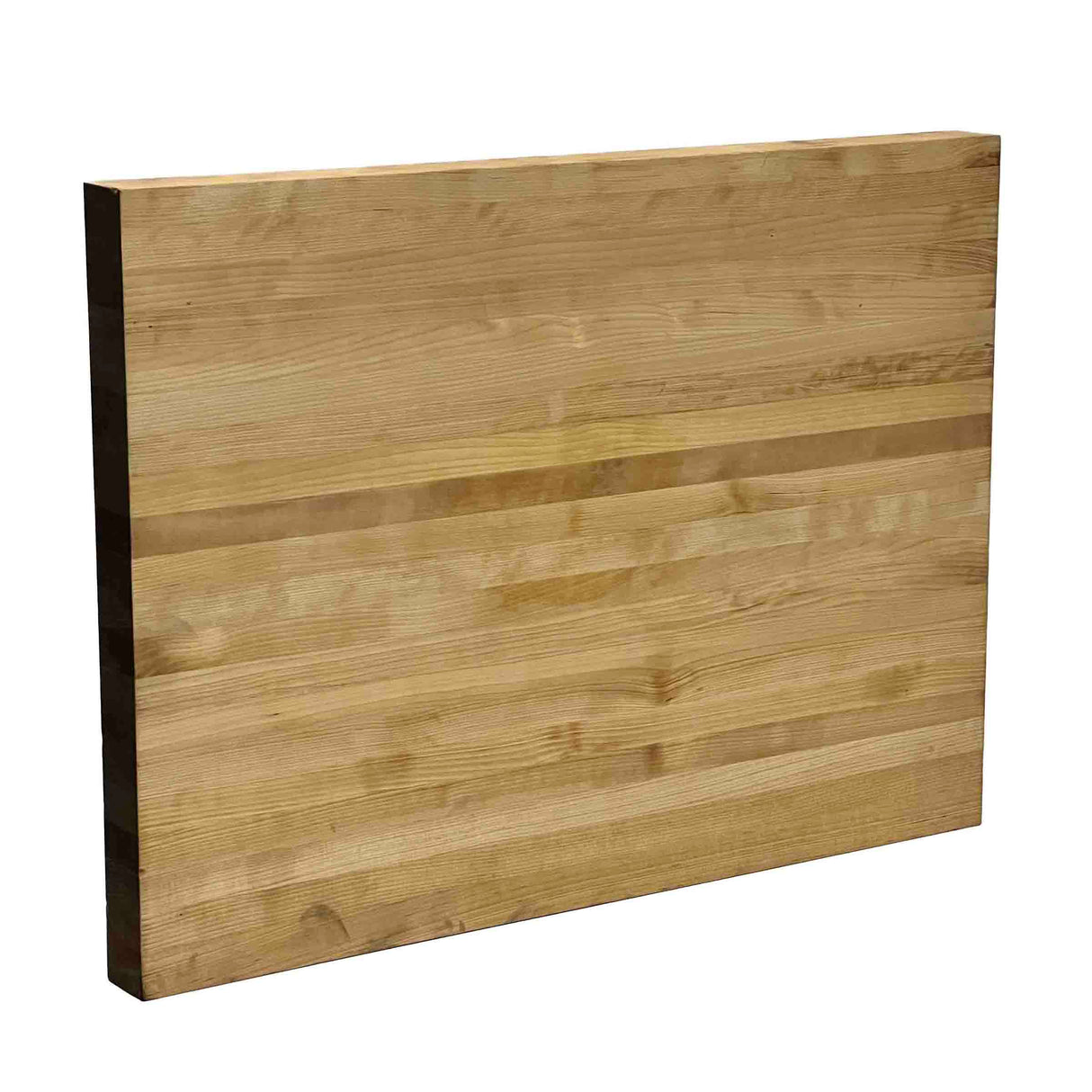 A large, rectangular edge-grain butcher cutting board with a smooth surface and visible wood grain patterns running horizontally; the sharp edges and rich brown tones stand out against the plain white background.