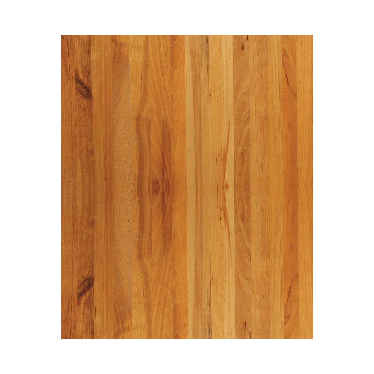 A rectangular edge-grain wooden surface with a natural, warm brown color and visible wood grain patterns running vertically. Subtle knots and streaks enhance its butcher cutting board look against the plain white background.