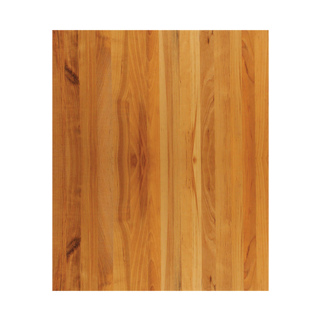 A rectangular edge-grain wooden surface with a natural, warm brown color and visible wood grain patterns running vertically. Subtle knots and streaks enhance its butcher cutting board look against the plain white background.