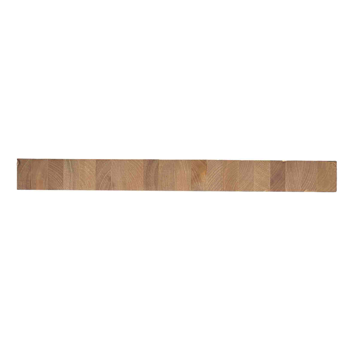 A long, narrow strip of edge-grain wood with a smooth surface and visible grain patterns, divided into distinct rectangular sections, each showing varied natural wood tones from light to medium brown. The butcher cutting board rests against a plain white background.