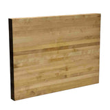A rectangular, thick edge-grain butcher cutting board with visible wood grain and alternating light and medium brown stripes stands upright against a white background, appearing smooth and unfinished to reveal natural wood textures.