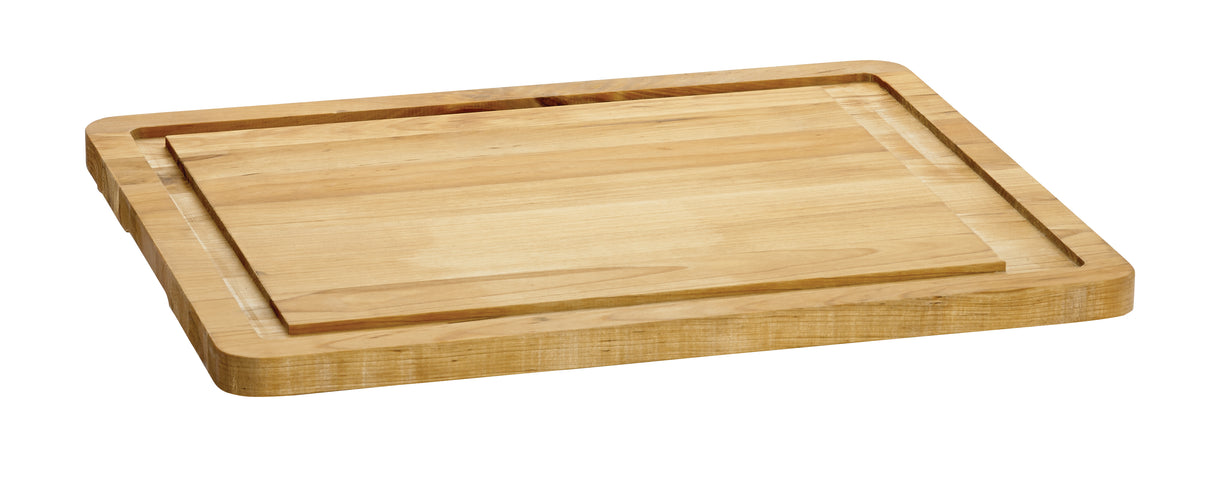 A rectangular TableCraft carving board features a lighter central panel and a darker, thicker outer border with a juice-catching groove. This wood carving board rests on a plain white background, highlighting its elegant design.