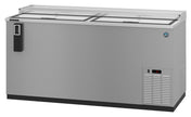 A large, stainless steel Hoshizaki refrigerated bottle cooler with sliding glass doors on top, a digital display near the bottom right showing “39,” and a black handle on the left. Vented panel is located on the lower right side.