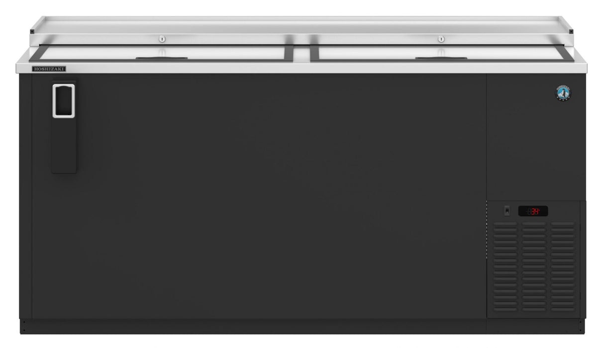 A commercial Hoshizaki CC65 refrigerated bottle cooler in black and stainless steel, featuring two sliding glass doors on top, a left-side handle, a lower right vent with digital temperature display, and an upper left brand label in an industrial rectangular design.
