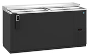 The Hoshizaki CC65 is a large commercial refrigerated bottle cooler with a stainless steel top, two sliding lid doors, a built-in bottle opener, and a digital temperature display. Sleek and practical, it’s ideal for bars or restaurants.