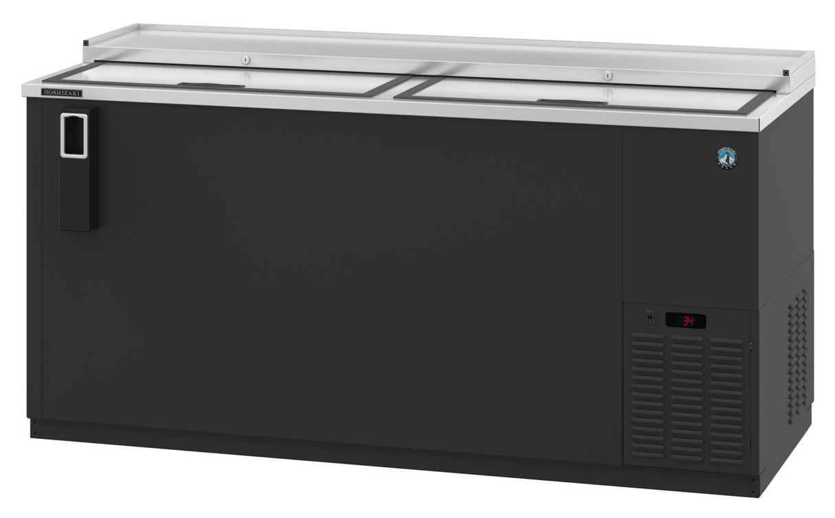 A large black Hoshizaki CC65 refrigerated bottle cooler with sliding glass doors on top, a handle on the left, a small temperature display on the right, and stainless steel ventilation grilles in the bottom right corner. The exterior is sleek and modern.