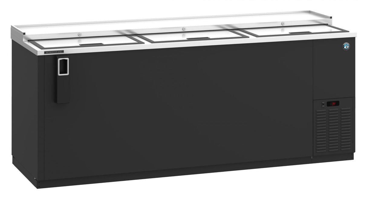 A long, black Hoshizaki CC80 reach-in bottle cooler with three sliding glass doors on top, a recessed handle on the left, a vent and digital display on the right, and a stainless steel frame along the top edge. The cooler is empty against a plain white background.