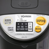Close-up of a Zojirushi Water Boiler & Warmer control panel. Features large yellow buttons, temperature options (208, 195, 175°F), and settings for REBOIL, TIMER, and TEMP SET. This 5-liter model is proudly Made in Japan.